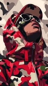 Hooded figure in red camouflage jacket and reflective goggles.