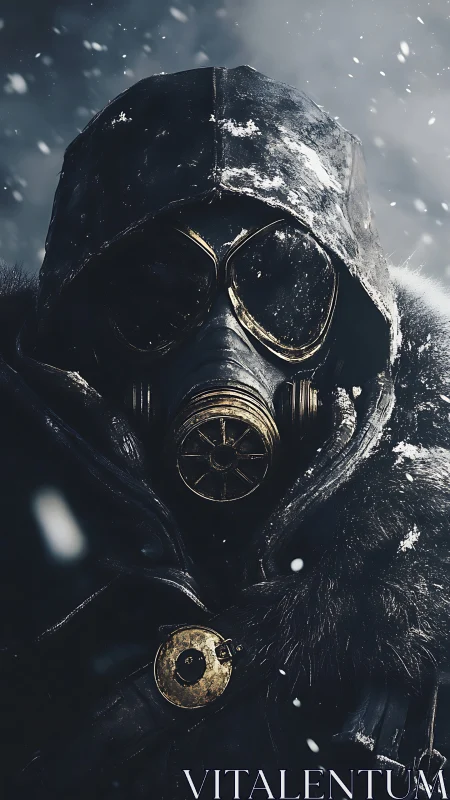 Lone winter wanderer in a hooded gas mask and falling snow.