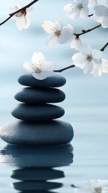 Zen basalt stones support white blossom over calm water.