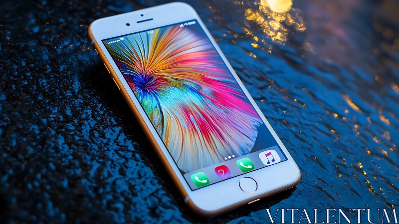 White iPhone displaying vibrant geometric butterfly art against luminous background.