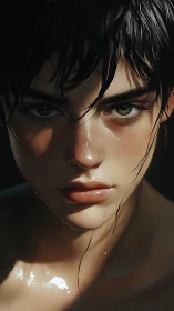 Wet-haired portrait with cinematic light and intent gaze.