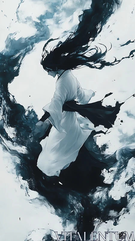 Inkstorm Dancer in White, swirling through painted voids.