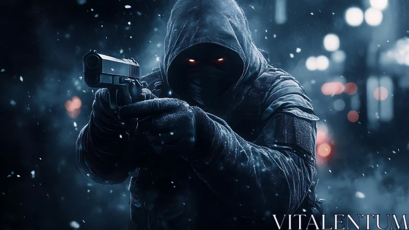 Hooded night marksman with ember eyes in neon snowfall.