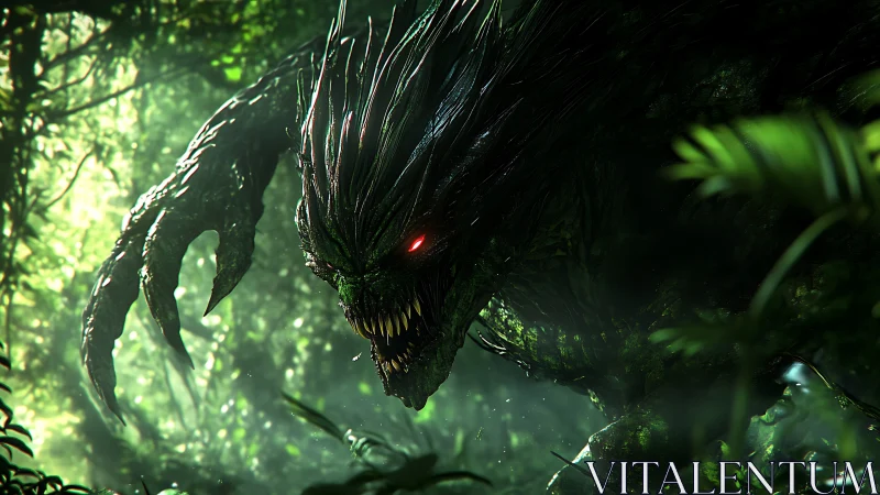 Forest demon emerging with glowing eye in toxic light.