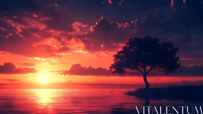 Radiant red sunset over tranquil lake with silhouetted shoreline tree