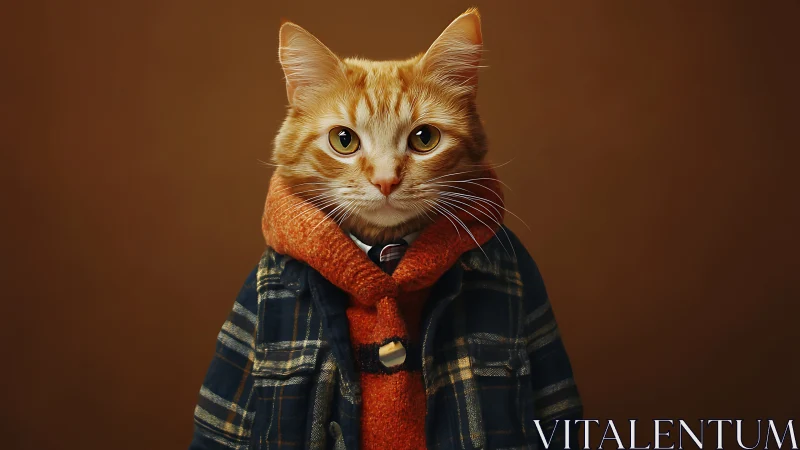 Ginger Cat Wearing Plaid Jacket and Orange Scarf.