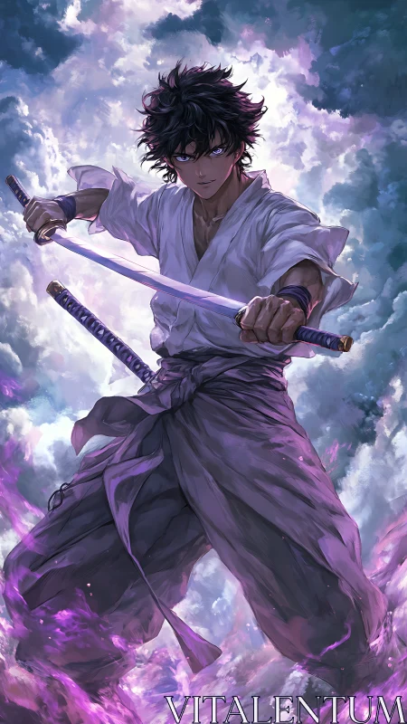 Swordsman stands amid clouds gripping twin glowing katanas.