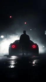 Silhouetted man stands before sports car in misty night street.