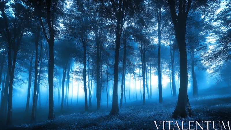 Misty forest path glowing with ethereal blue light through towering trees