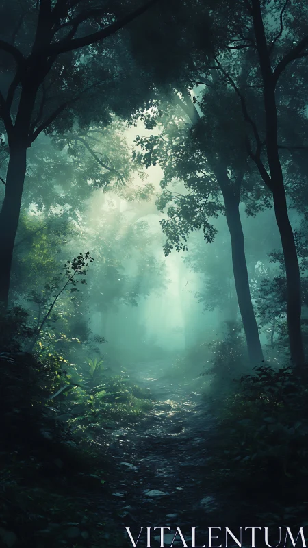 Mystical Forest Path Bathed in Ethereal Morning Light