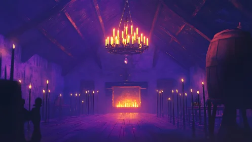 Candlelit tavern loft with glowing hearth and chandeliers.