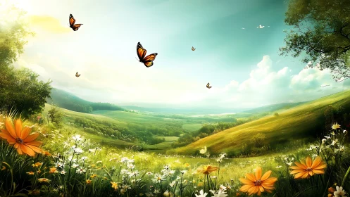 Butterfly migration above sunlit valley meadow under dynamic sky