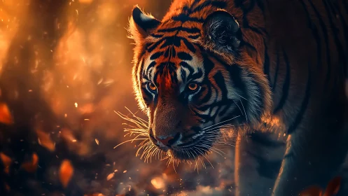 Tiger moves through warm backlit forest with glowing embers