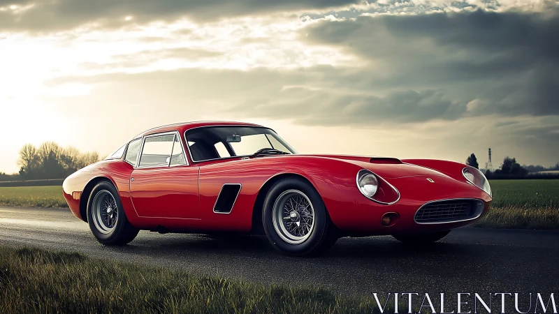 Classic red GT sports car rendered in dramatic evening backlight