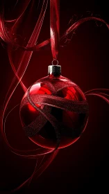 Red glass ornament glows against dark festive background.
