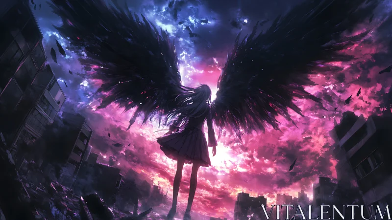 Midnight angel rises over a shattered neon twilight city.