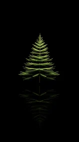 Minimalist evergreen tree reflected against deep black background.