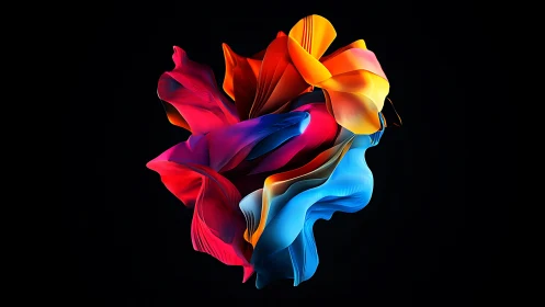 Vivid abstract 3D ribbon sculpture on deep black background.