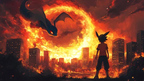 Incandescent fire vortex engulfs skyline as winged creature confronts silhouetted boy