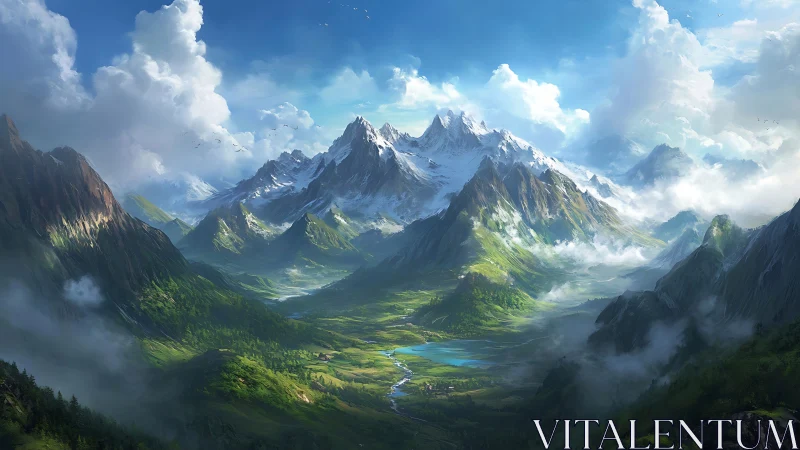 Epic alpine valley stretches beneath snow-crowned peaks.