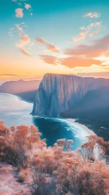 Sunlit coastal cliff rising over soft pastel shoreline.