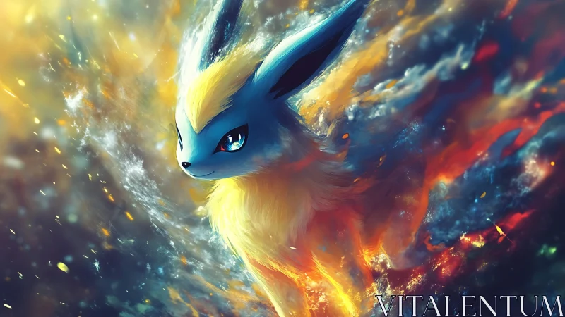 Electric fox-like creature amid luminous abstract field.