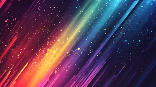 Prismatic light streaks with nebula dust over deep indigo field.