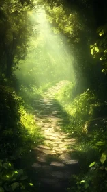 Forest Path with Sunlit Canopy and Stone Trail.