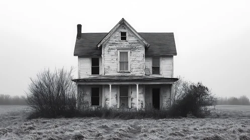 Weather-beaten farmhouse lingers like a ghost in grayscale fog