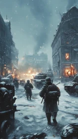 Snowbound urban battlefield under advancing soldiers.