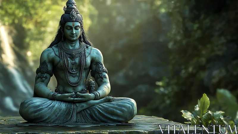 Peaceful stone yogi resting in a sunlit forest sanctuary.