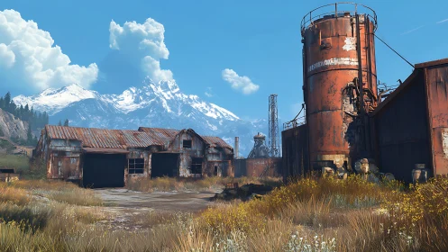 Rusty industrial outpost beneath distant snowy mountains.
