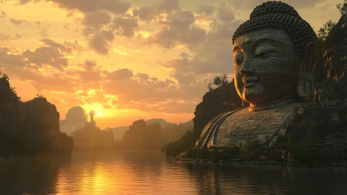Golden sunrise welcomes a tranquil riverside Buddha guardian