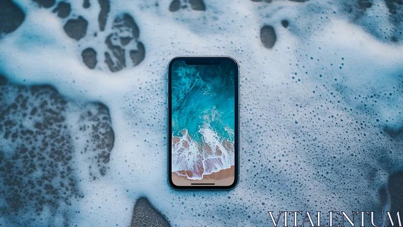 Smartphone lying in seawater with ocean wave wallpaper.