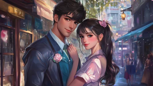 Urban Romance: Elegant Couple in Neon City Street.