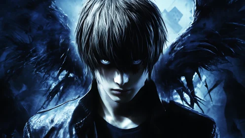 Mysterious winged guardian wrapped in cool midnight blue.