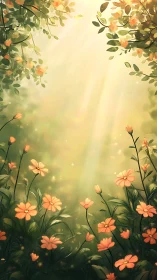 Radiant volumetric sunlight over stylized orange wildflower field.