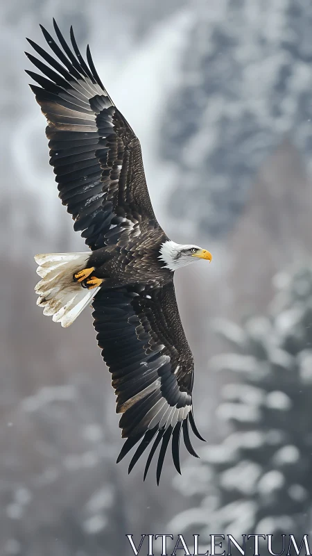 Bald eagle in full flight over a snowy forest landscape.