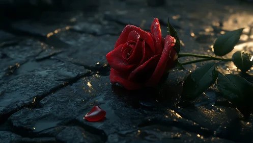 Red rose on wet cobblestone ground with fallen petal detail.