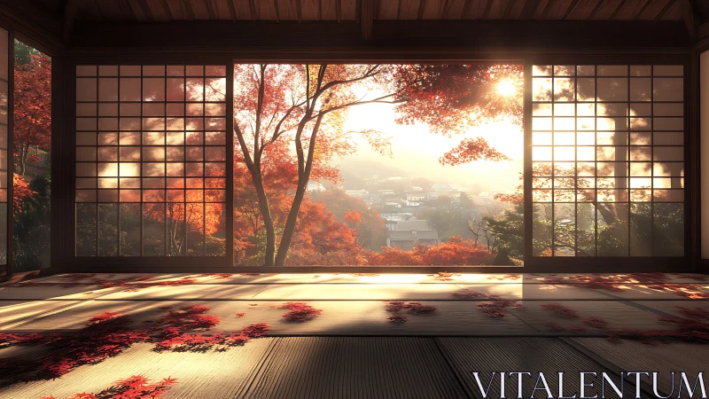 Autumn light fills tranquil Japanese tatami room interior.