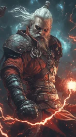 Armored battle mage channels red lightning with dynamic volumetric glow