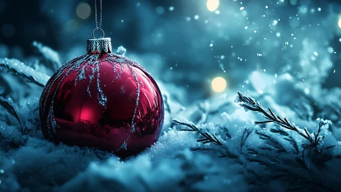 Crimson Christmas bauble dreaming in frosted midnight snow.