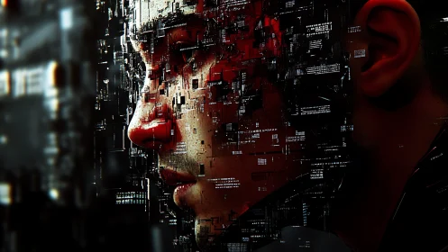 Human profile merged with fragmented digital circuitry.