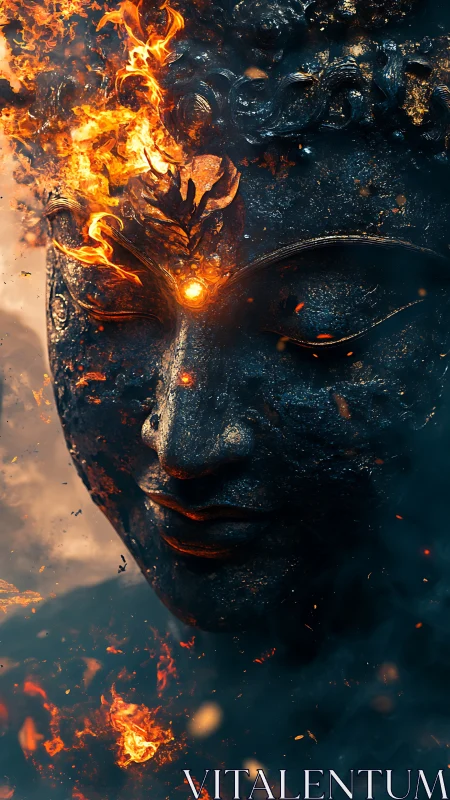 Incandescent stone deity head with molten cranial ignition.