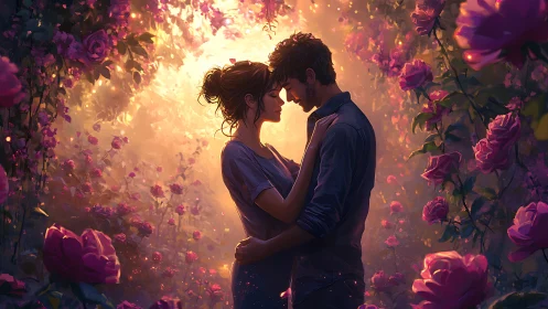 Couple Embracing in Golden Flower Garden Glow