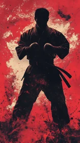 Silhouette martial artist in fighting stance over red storm.