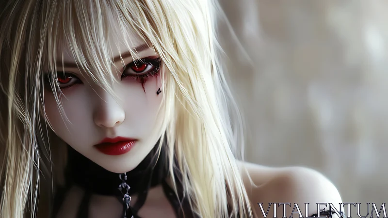 Gothic anime girl stares ahead with crimson, tear-streaked eyes.