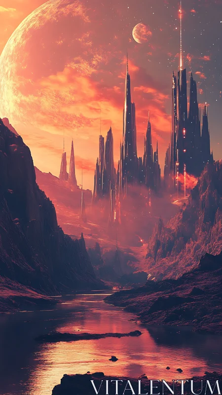 Crimson alien citadel rising beneath twin celestial moons.