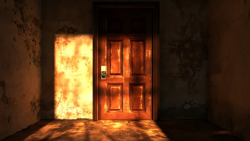 Sunlit wooden door glows in a dark, weathered hallway.