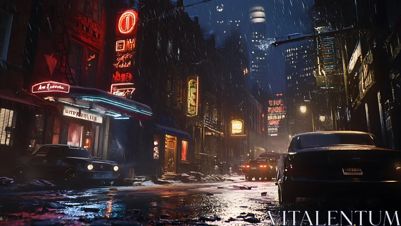 Rain-soaked neon street glows against a brooding city night.